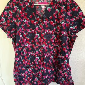 Betsey Johnson Black and Red Berry Print Scrubs Top
